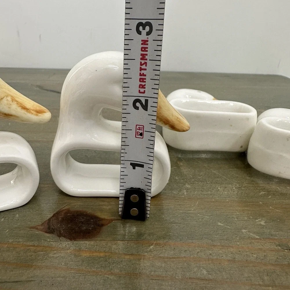 Set Of 4 Ceramic White Duck Napkin Ring Holders Handmade Hand Painted 2.5